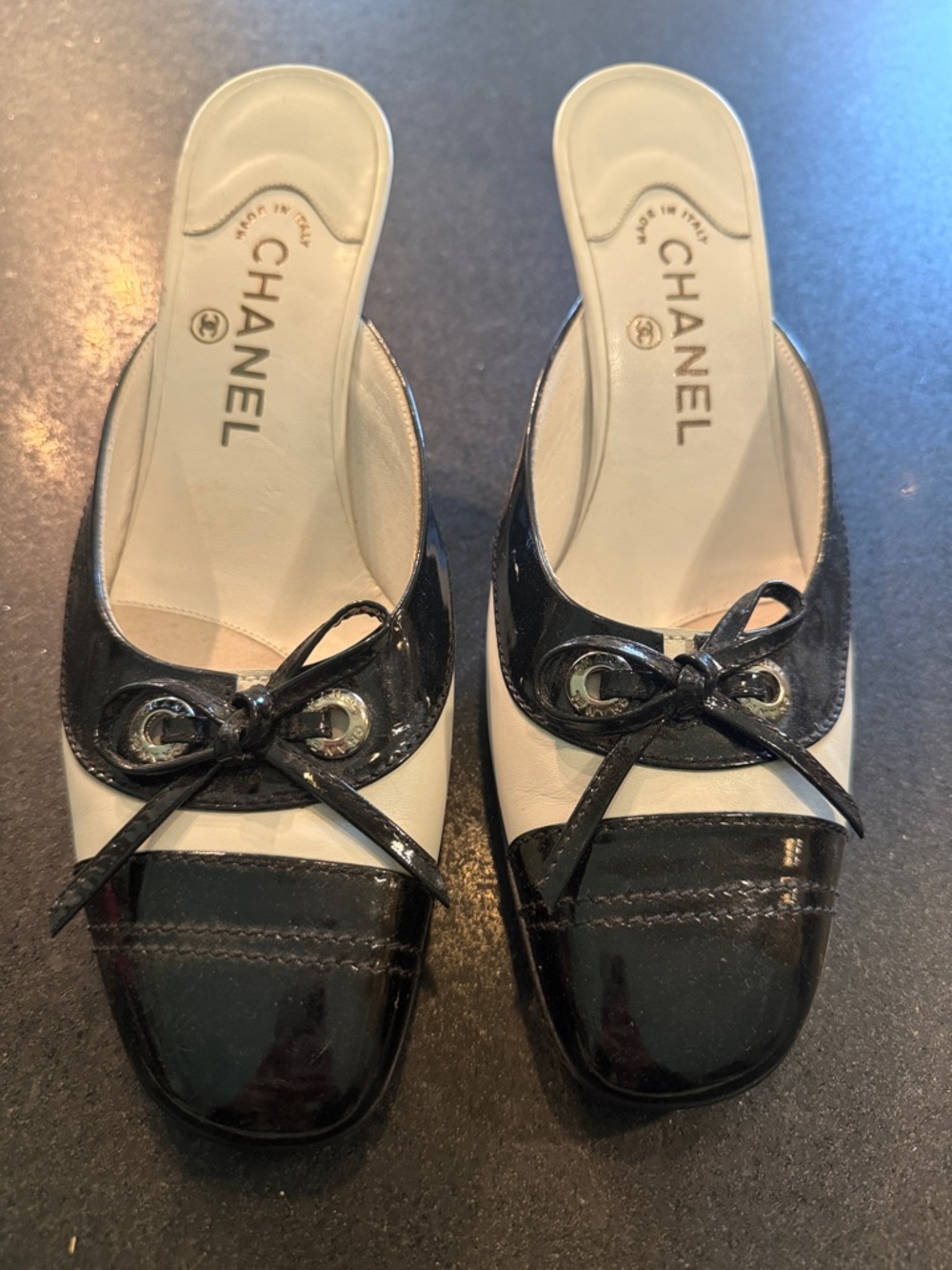 CHANEL Black and White Patent Leather Ribbon Mule